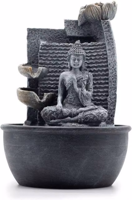 KDMD Tabletop Buddha Water Fountain with Lotus Flowers in Grey, W/D/H: 19 x 19 x 28 cm