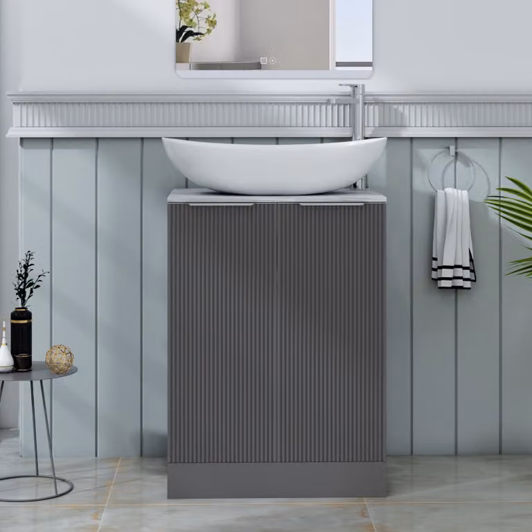 Royal Bathrooms Evora 600mm Graphite Grey Fluted Floor Standing Countertop Vanity Unit with Cesar Basin and 2 Soft Close Doors