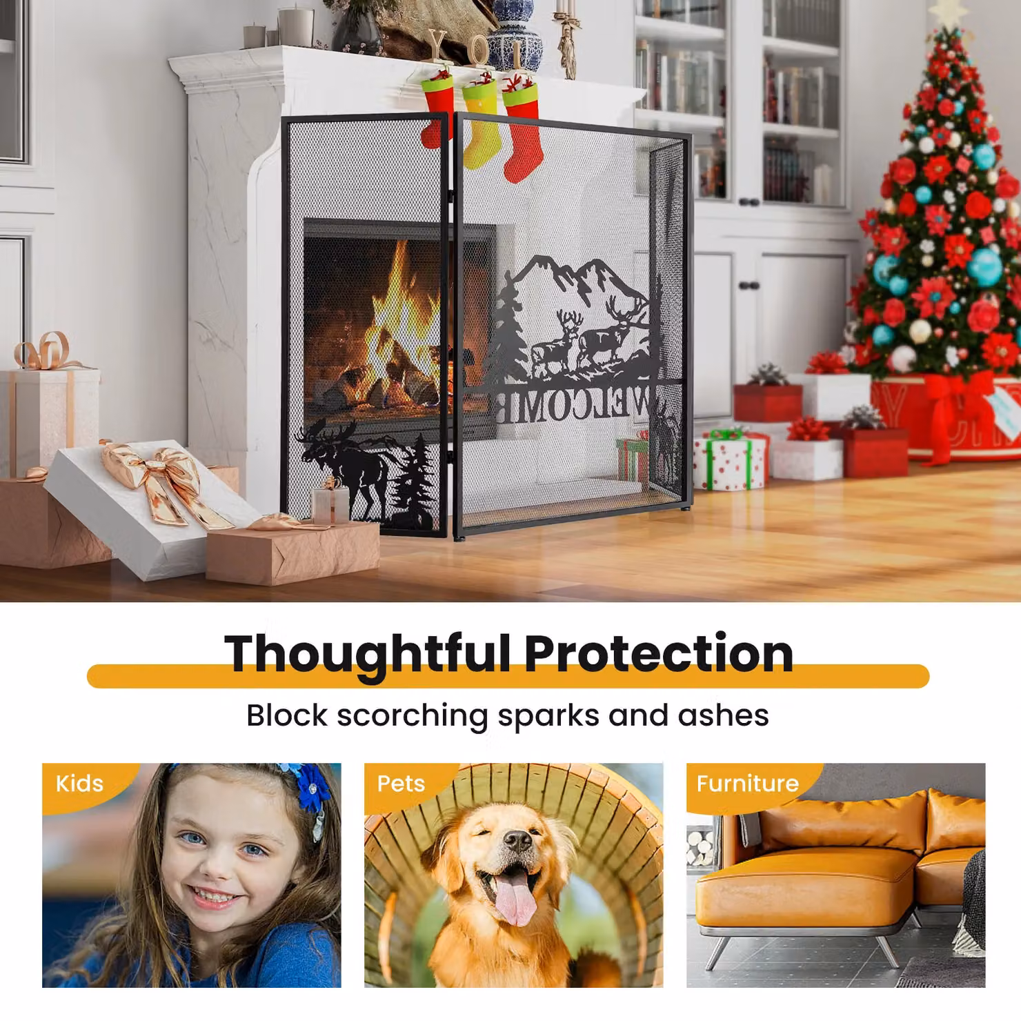 Costway 3-Panel Folding Fireplace Spark Guard with Natural Scenery and Moose Pattern, Black, W: 132 cm, H: 79 cm, D: 79 cm – 4