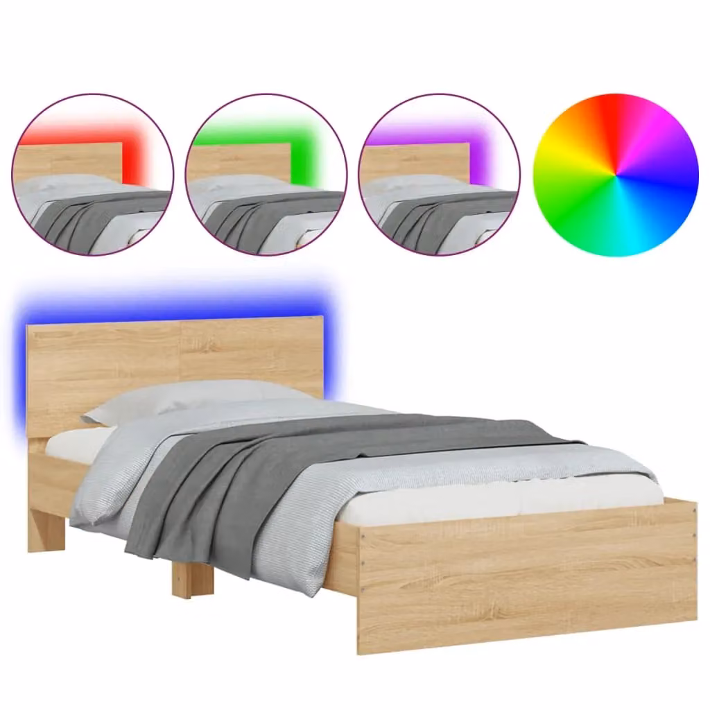 Berkfield Home Sonoma Oak Bed Frame with LED Lights and USB Charging Port, Brown, W: 100 cm, D: 200 cm – 1