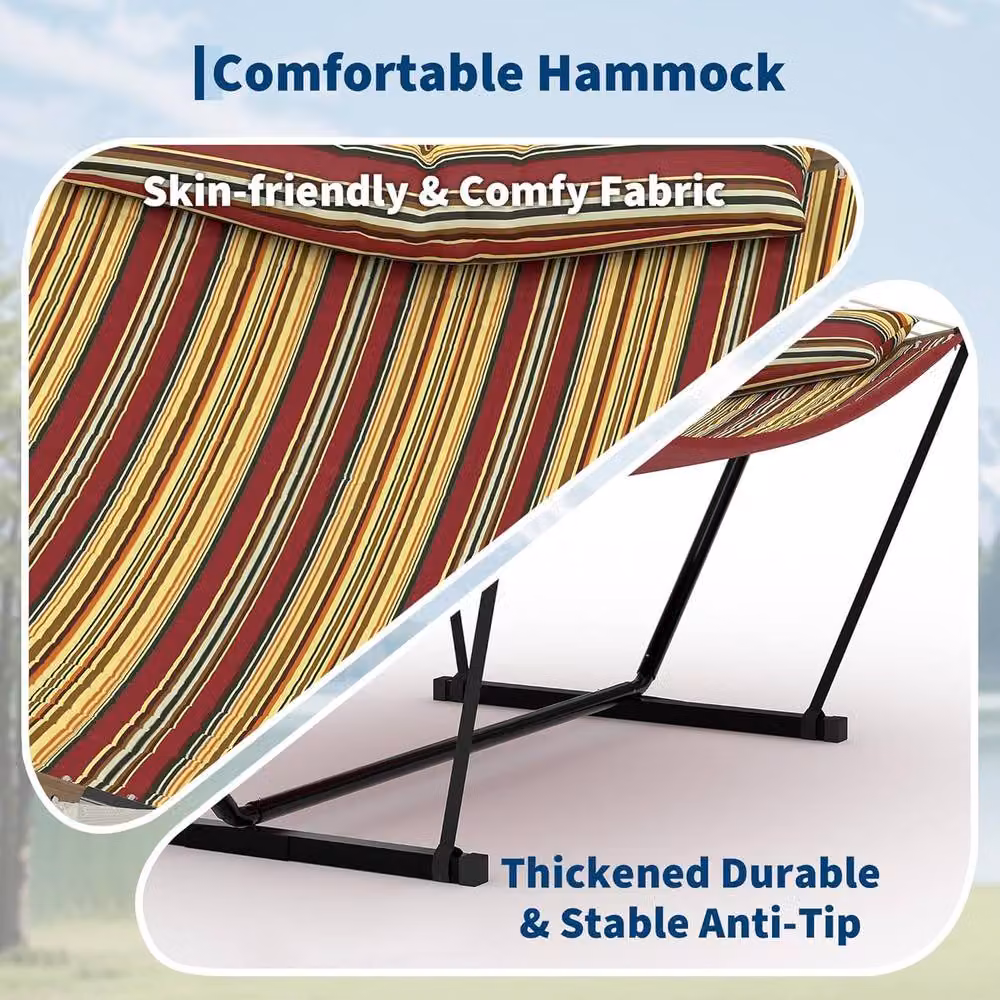 London Boutique Double Hammock with Stand and Multicolour Striped Cushions – 4