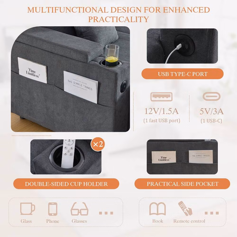 Rolipo Charcoal Grey 4-Seater Corduroy L-Shape Sofa Bed with USB Charging and Cup Holders – 4