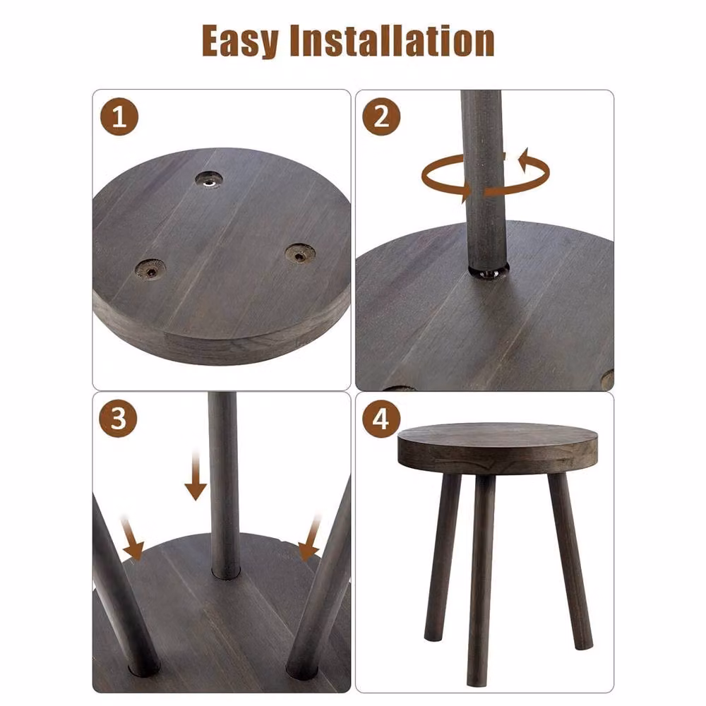 Nordara Rustic Pine Wooden Round Plant Stand and Side Table in Brown – 4