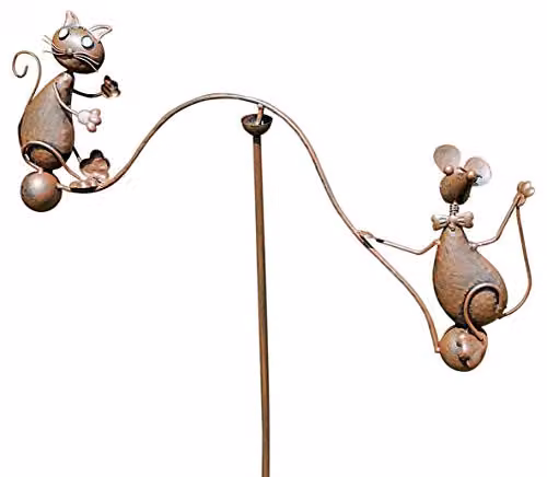 Minster Cat & Mouse Garden Weathervane Spinner in Brown Metal, W/D/H: 80 x 80 x 130 cm