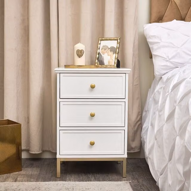 Melody Maison Aisby White Three Drawer Bedside Table with Gold Details