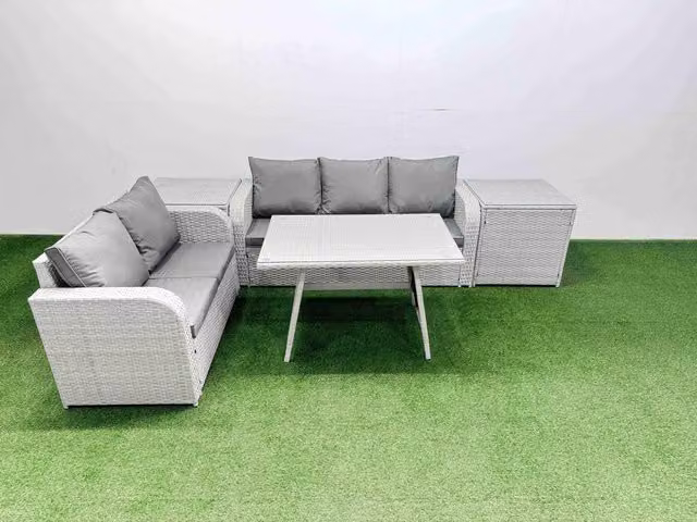 Fimous Rectangular Dining Sofa Set with 2 Side Tables in Light Grey with Rattan, Metal and Glass