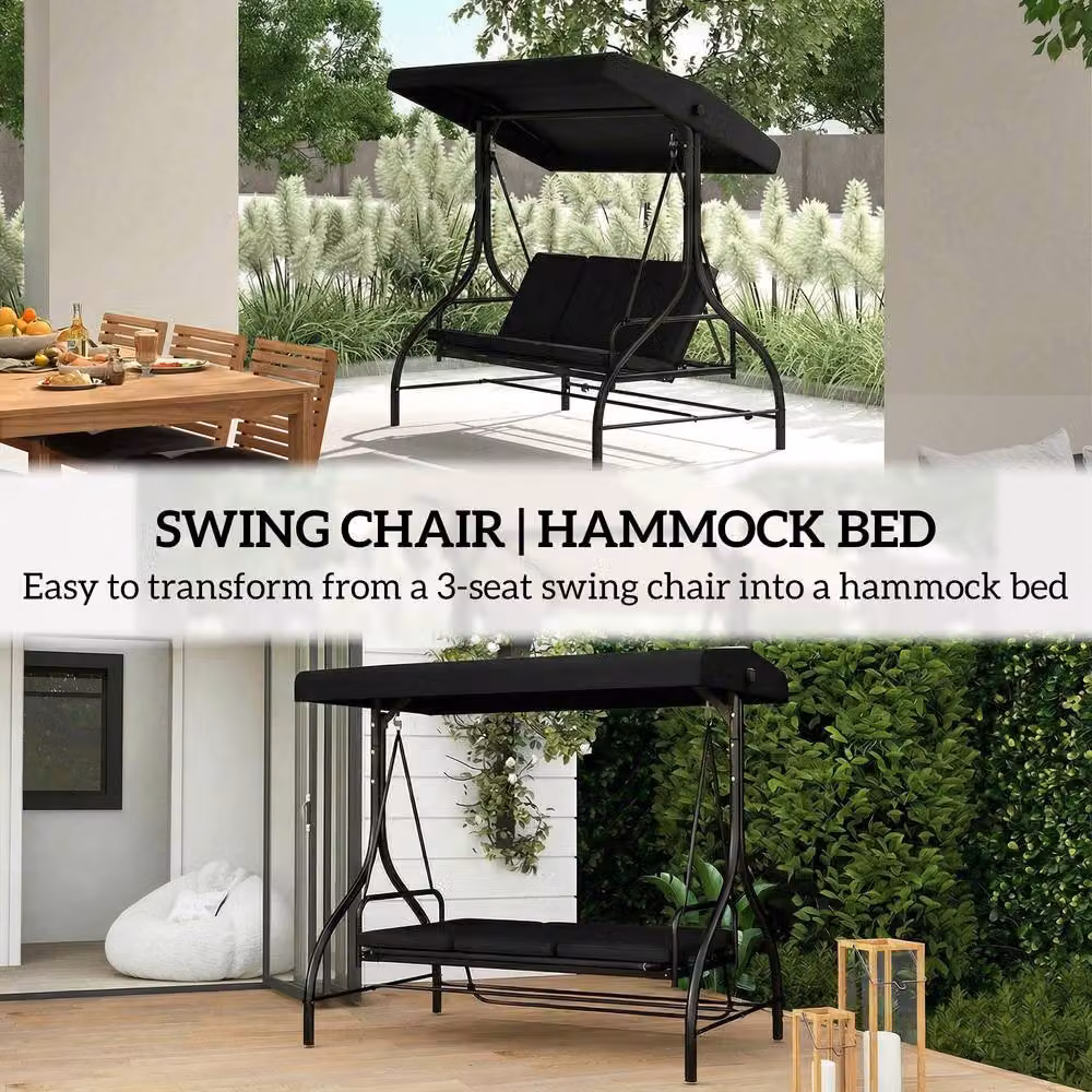 OUTSUNNY 3 Seater Canopy Swing Chair and Convertible Hammock Bed in Black – 5
