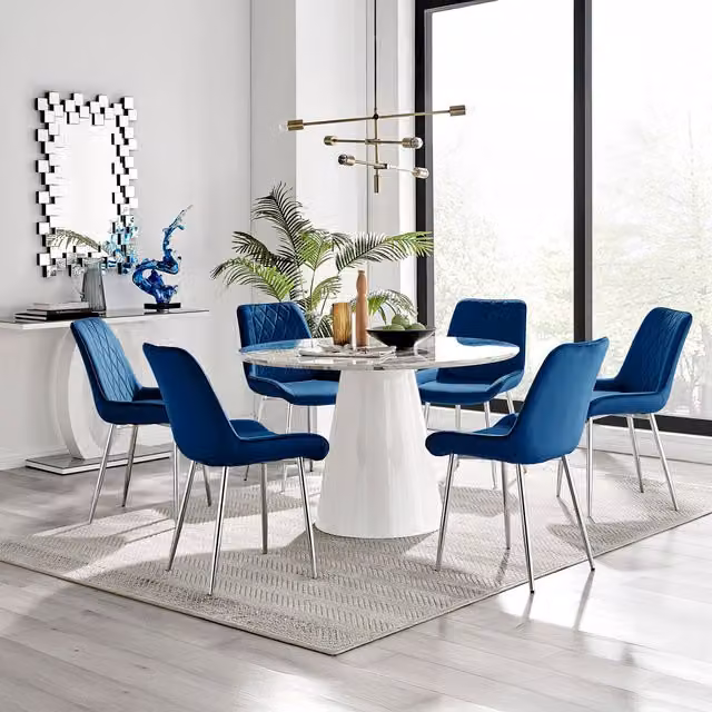 Furniturebox Palma Round White Marble Effect Dining Table and 6 Pesaro Navy Blue Chairs with Silver Legs