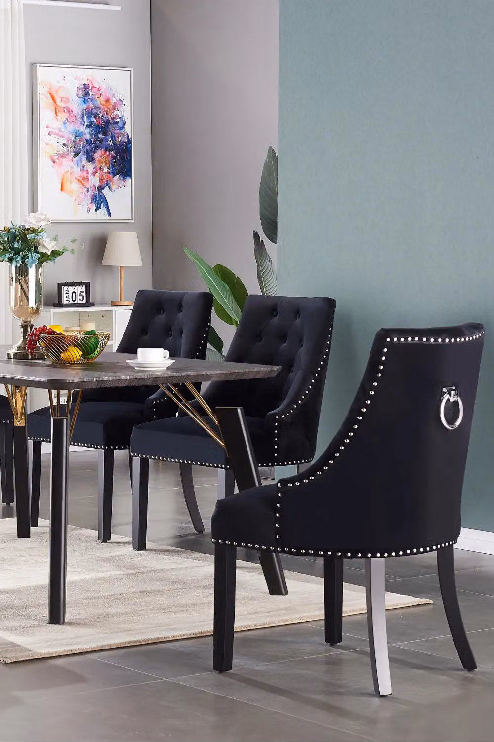 Life Interiors Single Velvet Dining Chair with Button Tufting and Wood Legs in Black – 4