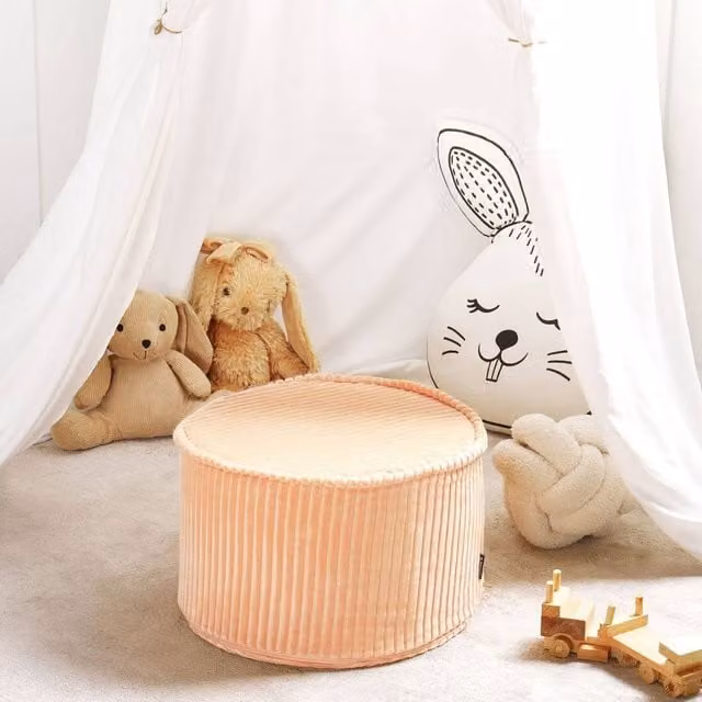 Wyld and Coco Pink Round Cotton Velvet Pouffe with Removable Cover, W/D/H: 40 x 40 x 25 cm