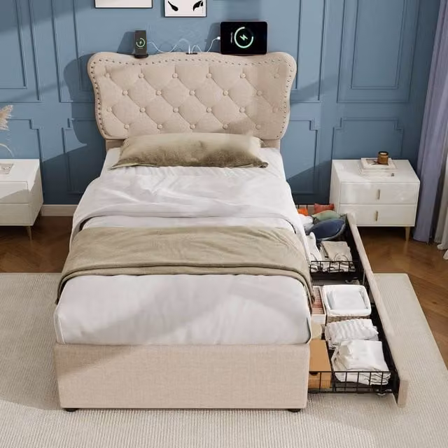 Merax 3ft Single Tufted Upholstered Bed with USB Charging Station and 2 Drawers, Beige, W/D/H: 90 x 190 cm