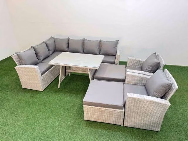 Fimous Garden 10 Seater Outdoor Rattan Furniture Set with 2 Large Footstools in Light Grey