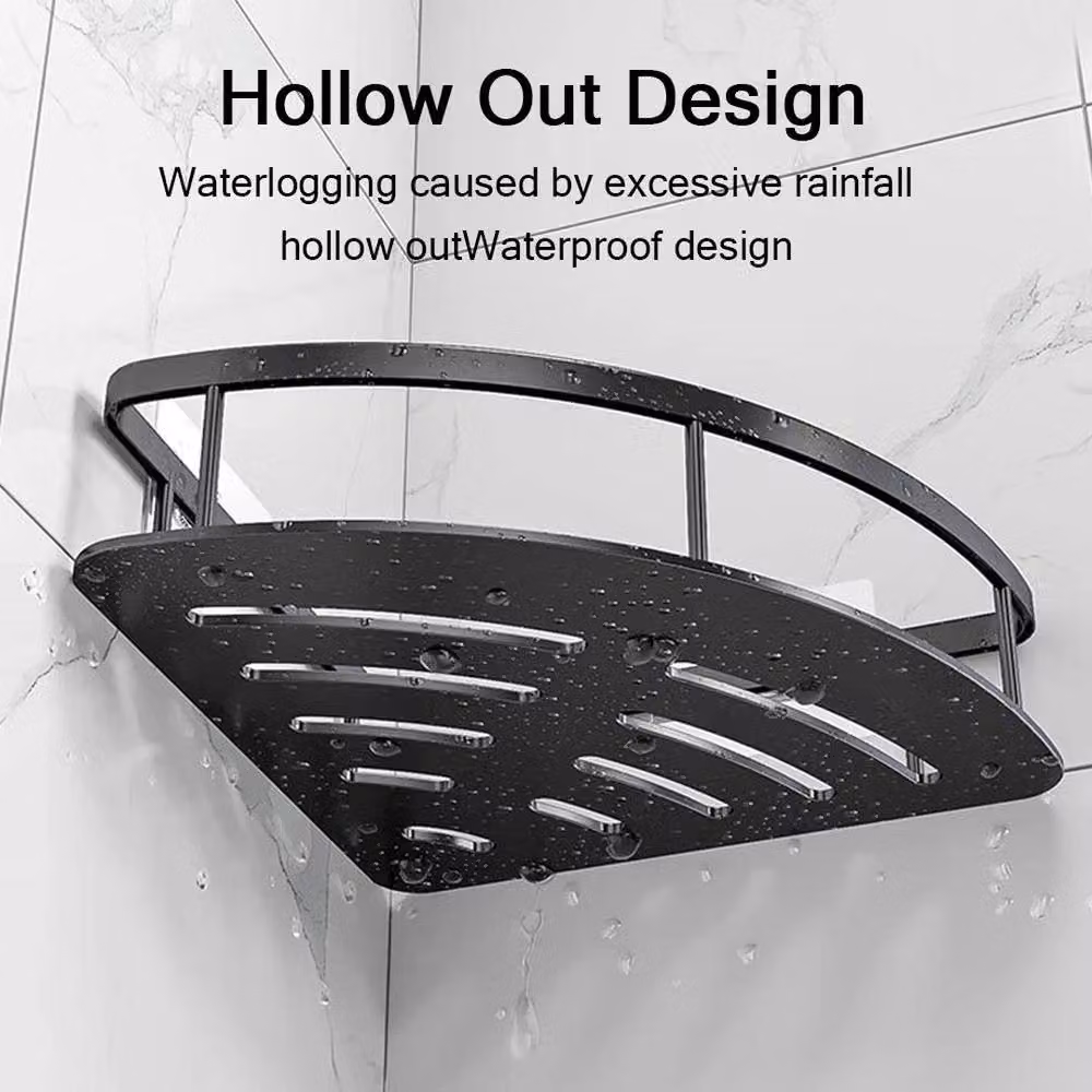 KORVIXA 2 Tier Wall Mounted Corner Bathroom Shelf Rack in Matt Black, W: 60 cm, D: 45 cm – 3