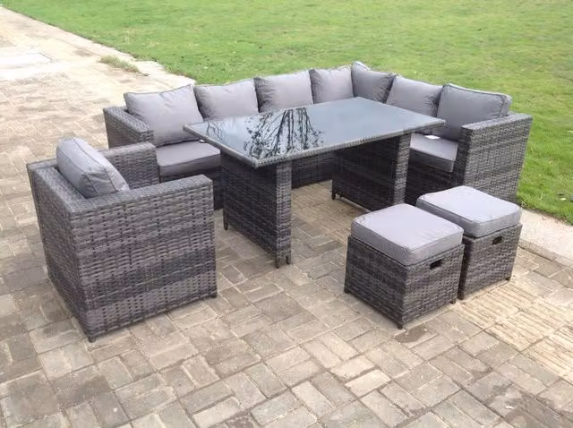 Fimous 8 Seater Outdoor Rattan Corner Sofa Set with Rectangular Dining Table in Dark Grey
