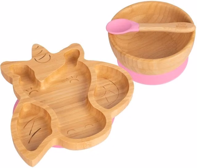 Tiny Dining 3-Piece Bamboo and Silicone Suction Feeding Set, Unicorn Divided Toddler Plate in Pink