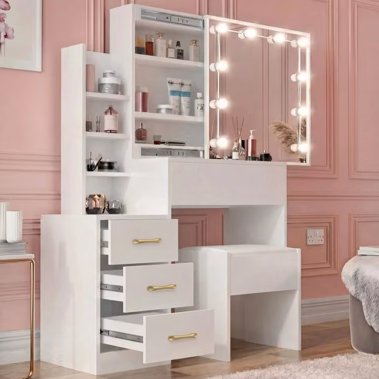 DHS Hollywood LED Mirror Dressing Table with Storage Drawers in White Matt Finish