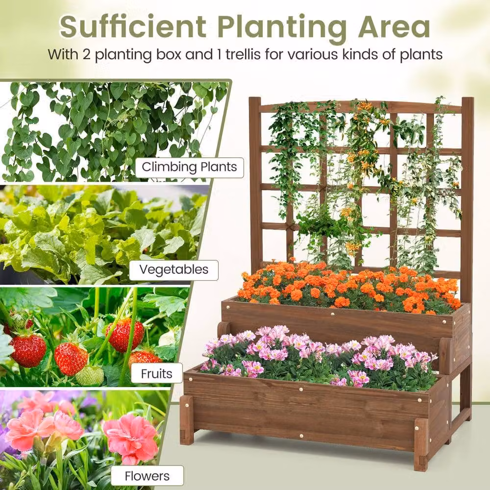 Costway 2-Tier Wooden Raised Garden Bed with Lattice Trellis in Brown, W/D/H: 121 x 67 x 67 cm – 3
