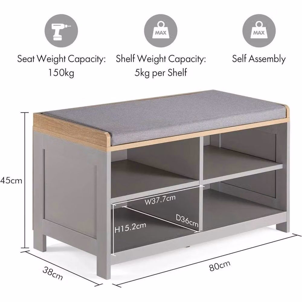 EONLION Grey Hallway Shoe Storage Bench with Back Panel, Width: 100 cm – 2