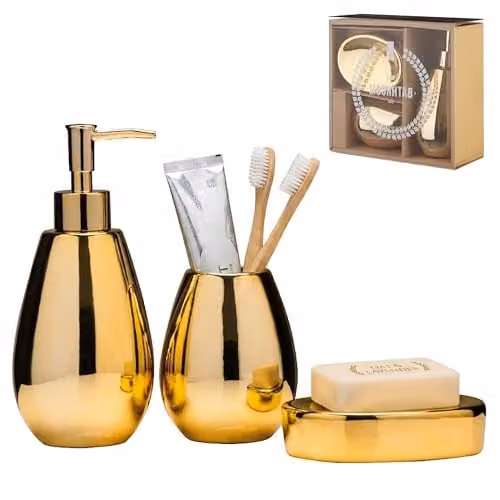 Orsina 3 Piece Ceramic Bathroom Accessories Set in Gold, including Soap Dispenser, Tumbler and Soap Dish – 1