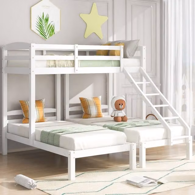 Matteo White Double Bunk Bed Triple Sleeper with Angled Side Ladder for Children and Teens