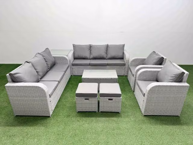 Fimous PE Rattan High Back Lounge Sofa Set in Light Grey with 3 Seater Sofa, Reclining Chair, Stools, Coffee Table and Side Table