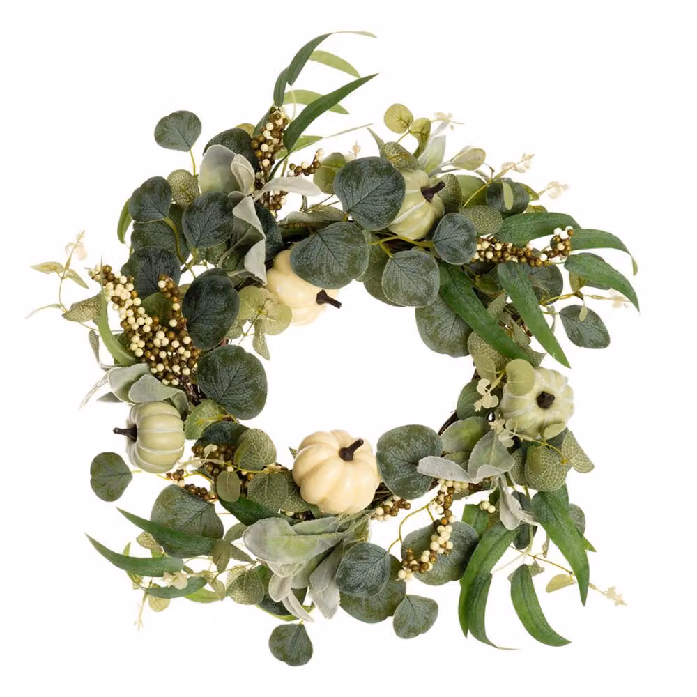 Scottish Everlastings Ltd Pumpkin Wreath in Green and Cream with Eucalyptus, Diameter: 45 cm – 2