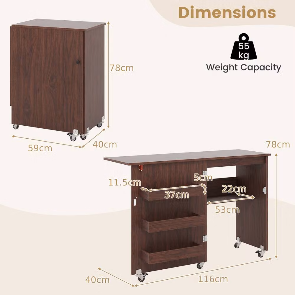 Gymax Folding Rolling Sewing Machine Desk and Craft Station with Storage Shelf in Brown – 2