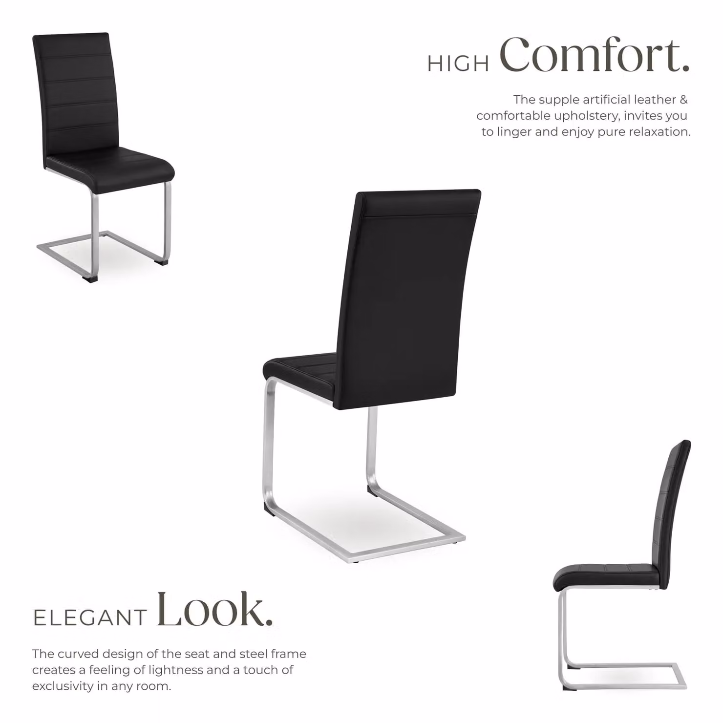 tectake Bettina Set of 4 Dining Chairs in Black Synthetic Leather with Metal Cantilever Base – 3