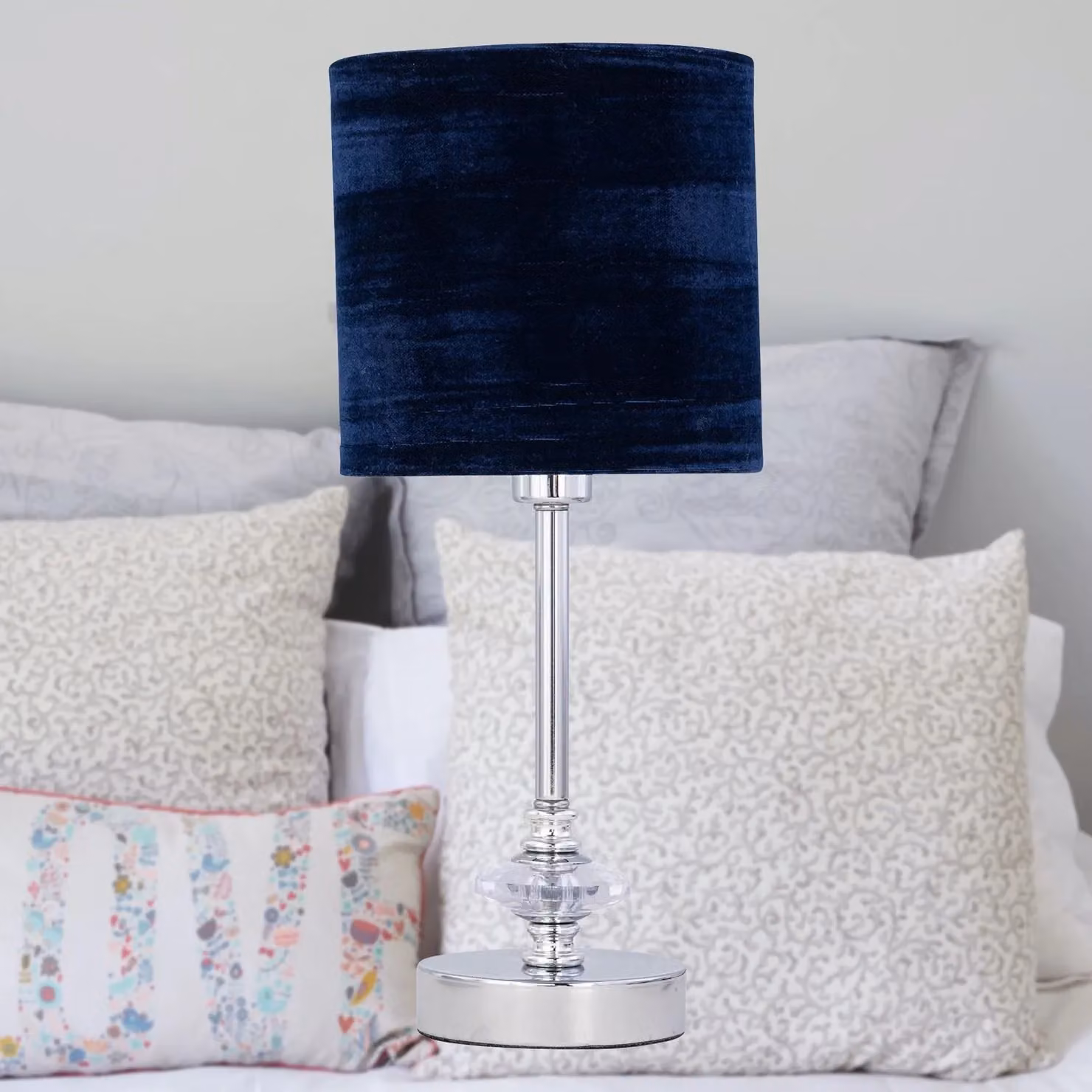 First Choice Lighting Chrome Jewelled Table Lamp with Navy Blue Crushed Velvet Shade – 2