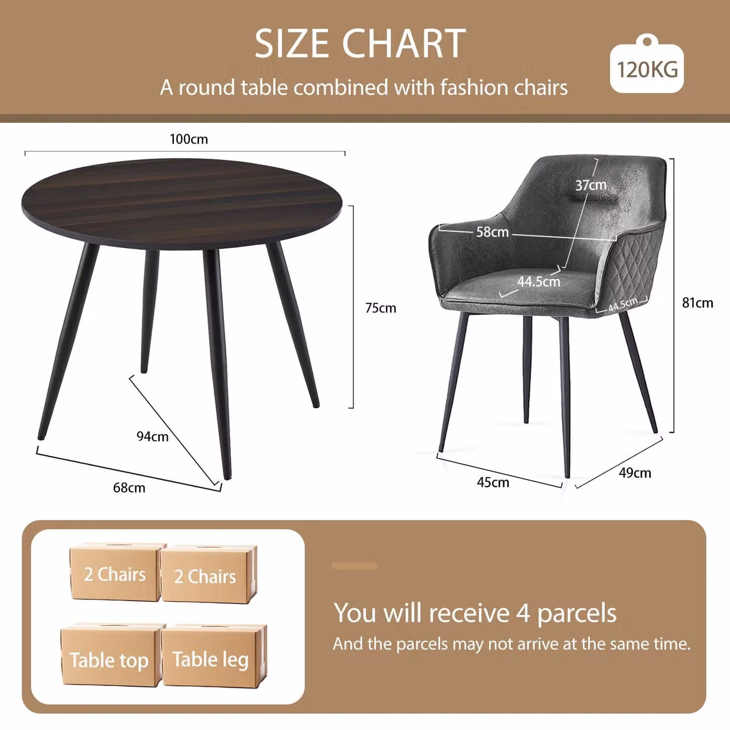 SONARA Dark Walnut Round Wood Dining Table with 4 Grey Faux Suede Dining Chairs Set – 2