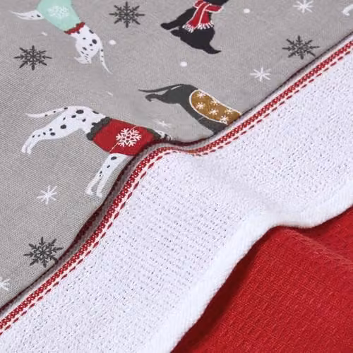 Homescapes Set of 3 Cotton Christmas Tea Towels in Red, White and Grey – 2