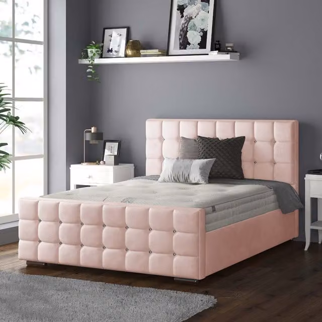 IH Design Chesterfield Upholstered Plush Velvet Bed Frame in Pink, W/D/H: 180 x 200 cm