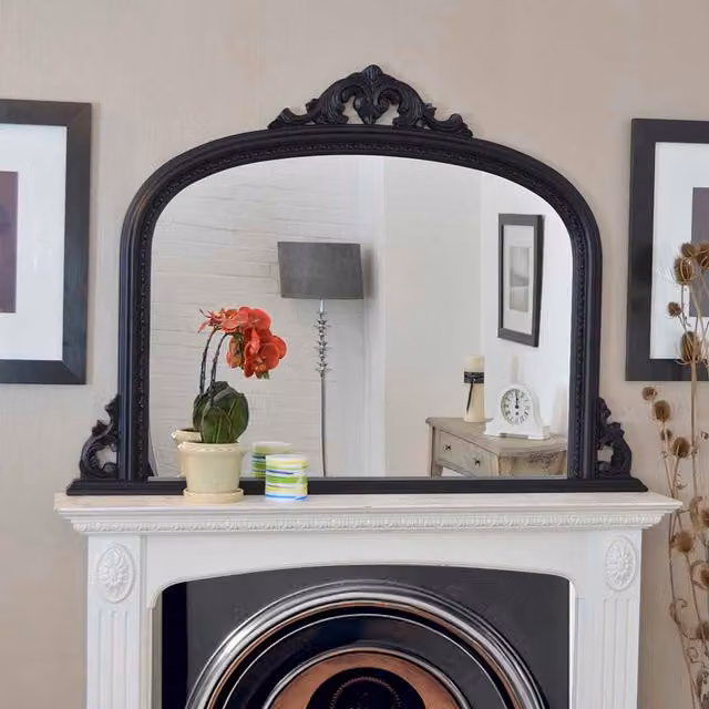 MirrorOutlet Bowler Black Decorative Large Overmantle Mirror, W: 127 cm, H: 91 cm