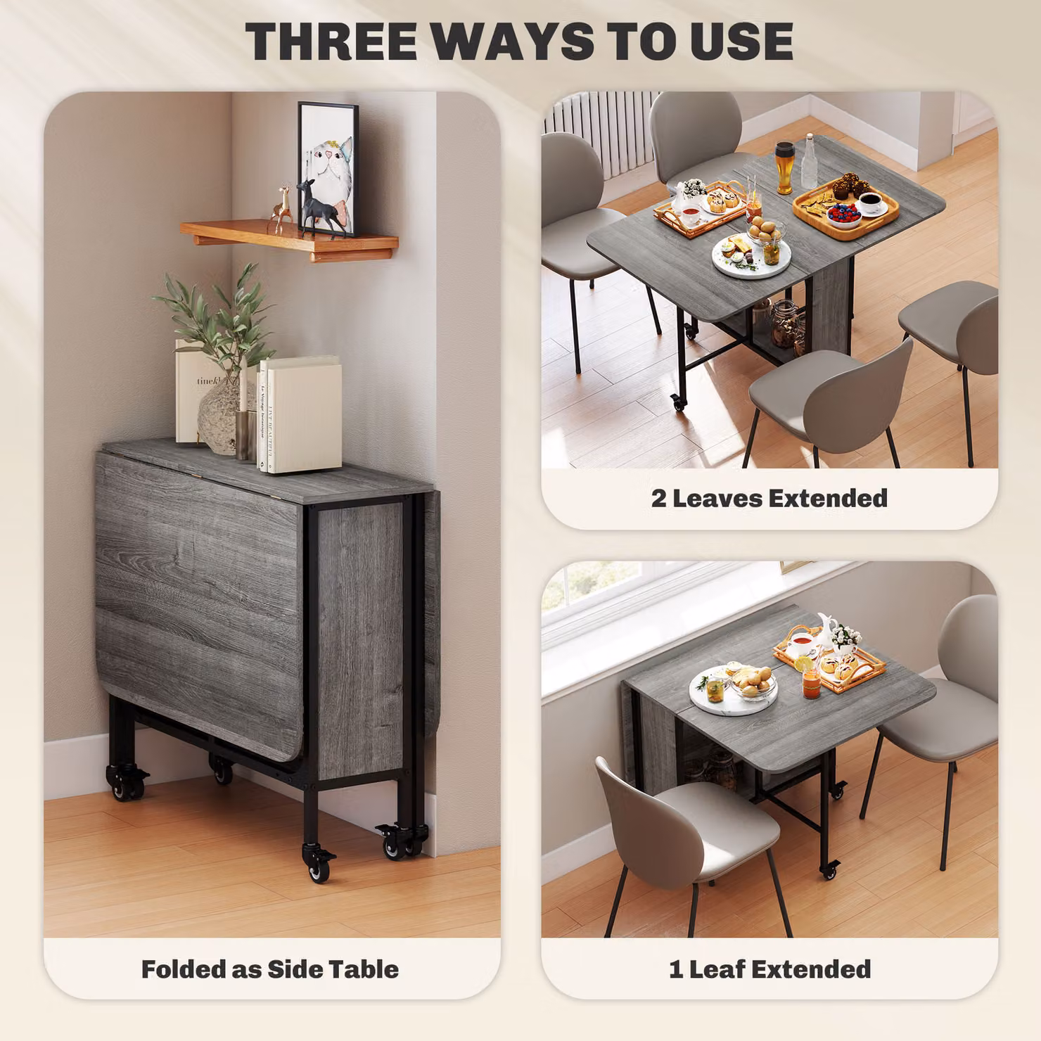 HOMCOM Grey Mobile Drop Leaf Dining Table with Storage Shelf and Castors – 4