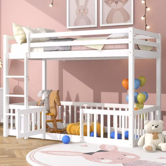 Aosom.UK Childrens Solid Pine Wood Bunk Bed with Safety Railings and Right-Angled Ladder in White, W/D/H: 198 x 101.5 x 150 cm