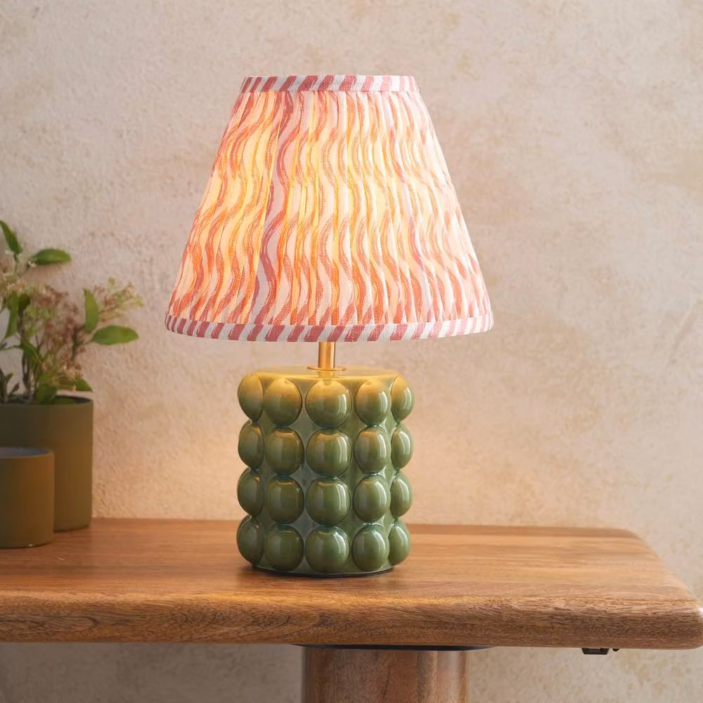 Netlighting Bobble Table Lamp with Olive Green Ceramic Base and Pink Fabric Ripple Shade, Diameter: 25 cm – 2