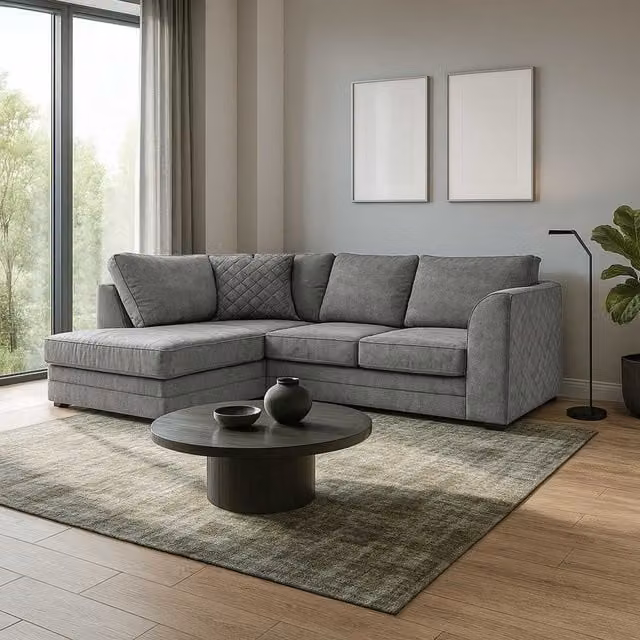 Furnishings For Less UK Grey Quilted Chenille Fabric L-Shaped Corner Sofa, 3 to 4 Seater, Left Hand Facing