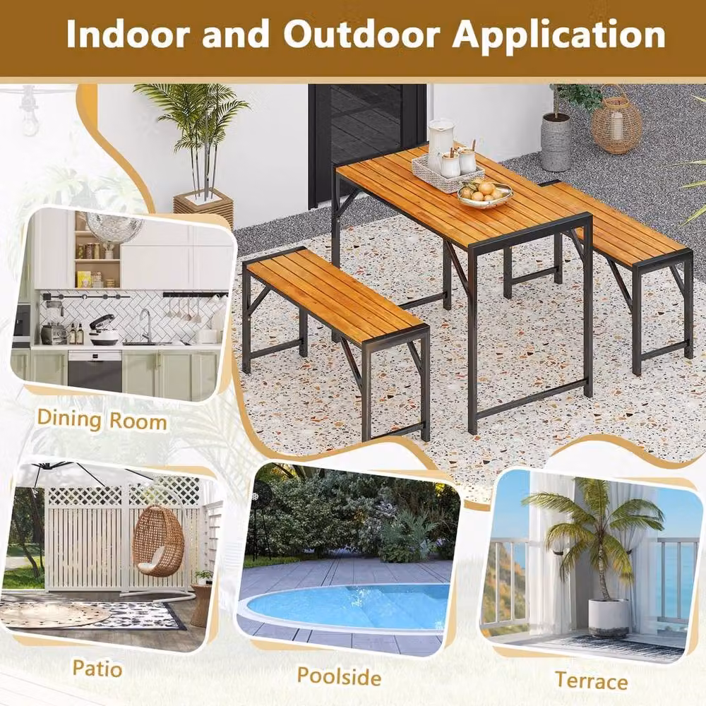 KORVIXA 3-Piece Acacia Wood Patio Dining Set for 4 People in Brown, W: 100 cm – 5