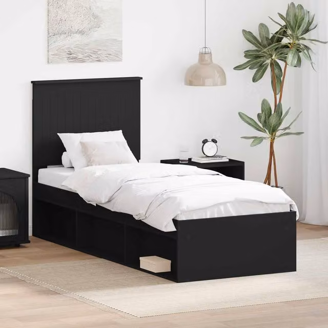 Berkfield Home Modern Bed Frame with Headboard in Black Solid Pine Wood, W: 75 cm, L: 190 cm – 1