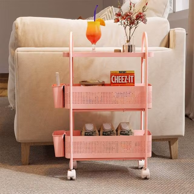 Levede 3 Tier Narrow Kitchen Trolley Cart with Pull-Out Basket Storage Bin in Pink
