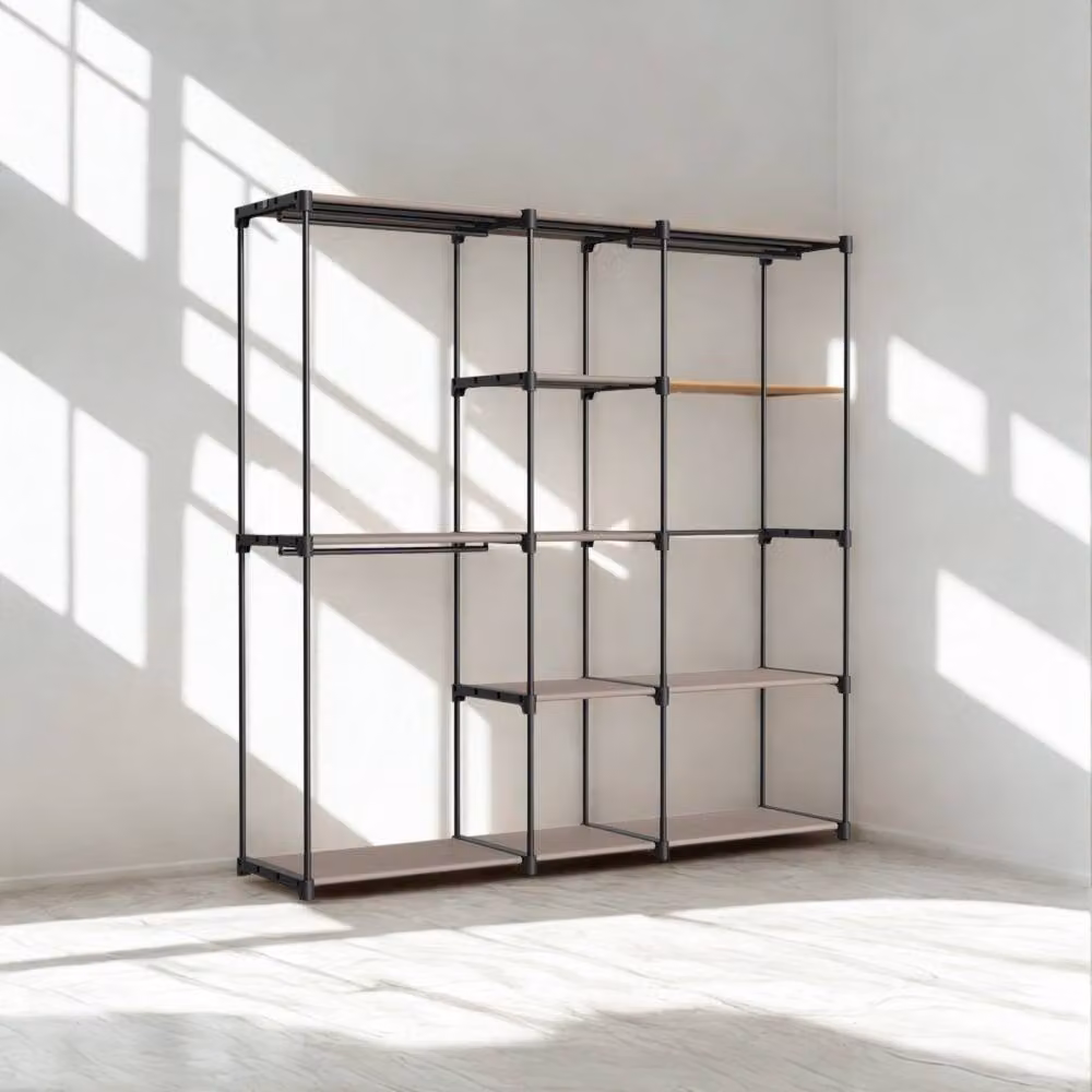 Pirlo Plush Metal Clothes Rail Open Wardrobe with Storage Shelves in Beige, H 182 cm x W 130 cm – 2