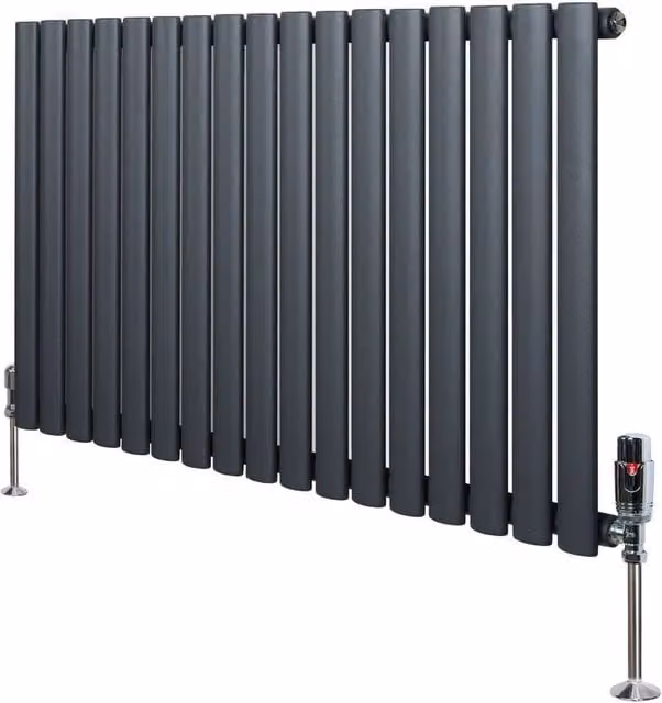 Monstershop Oval Single Column Steel Radiator with Integrated Valves and Thermostat Head, Anthracite Grey, H: 1020 mm, W: 60 mm