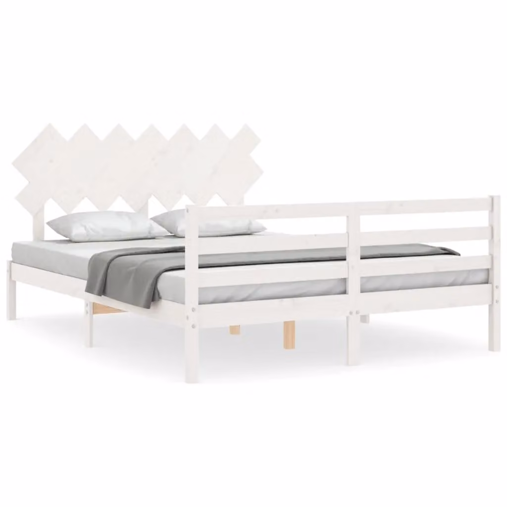 Berkfield Home Solid Wood Pine Bed Frame with Headboard in White, W/D/H: 140 x 200 cm – 2