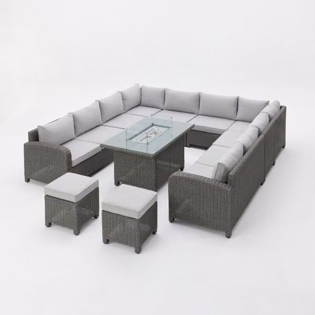 Segrada U-Shaped Polyrattan Garden Furniture Set in Grey with Fire Pit Table and Matching Ottoman for 9 Adults