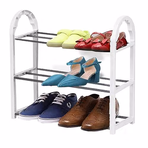 AMOS Mini 3 Tier Shoe Rack, Stackable White and Black Shoe Organiser for Hallway, Bedroom and Living Room – 1