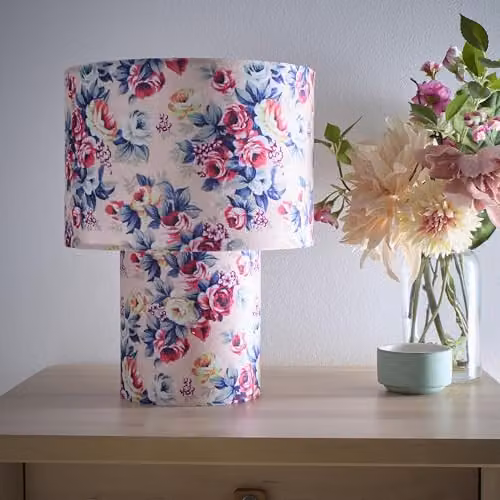 K LIVING Kobe Pink Rose Bud Printed Velvet Table Lamp, Pink and Multicolour, H 30 cm x W 23 cm x D 23 cm – 1