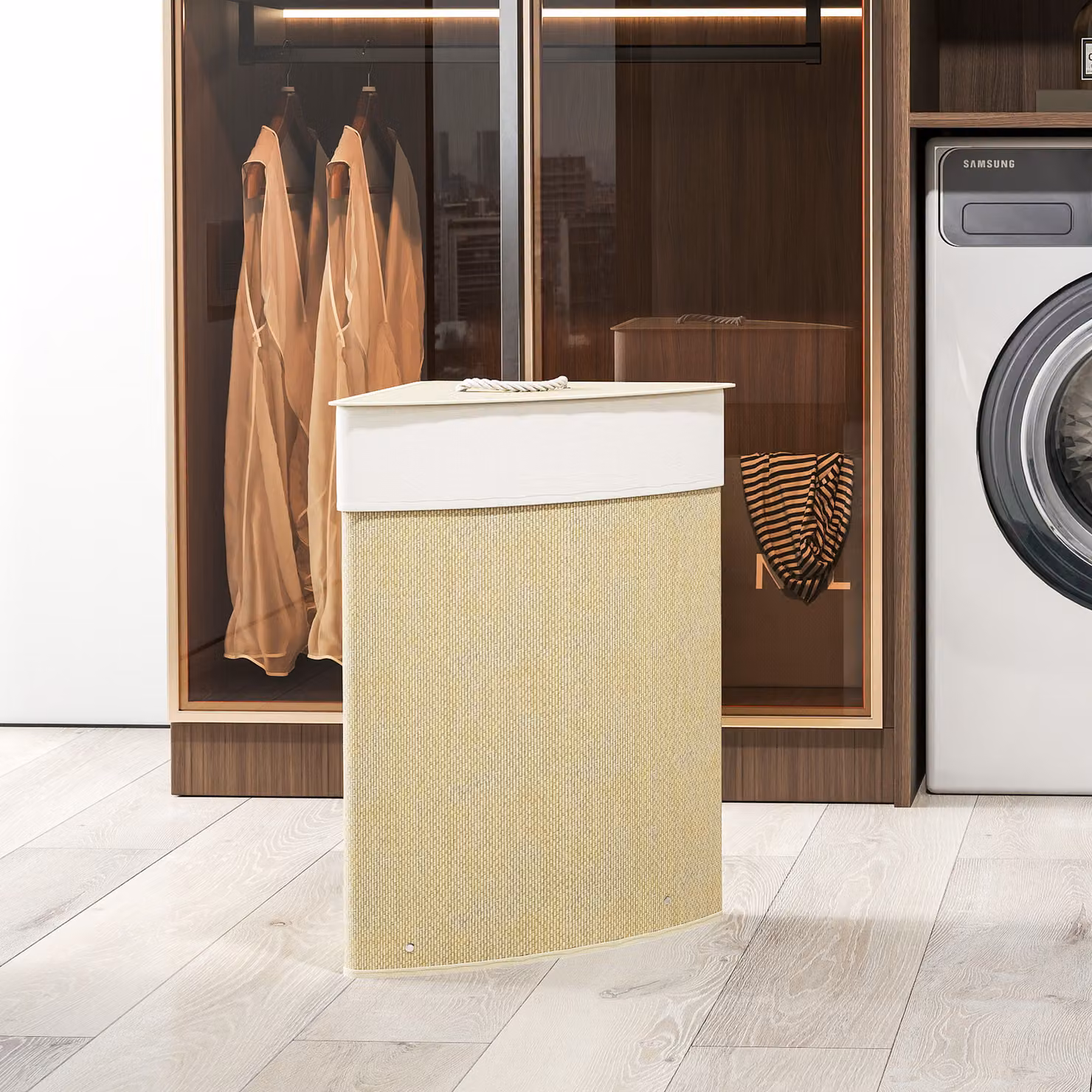 HOMCOM Bamboo Corner Laundry Basket with Lid and Removable Washable Liner, 55L, Nature Wood Finish, W/D/H: 35 x 35 x 60 cm – 2