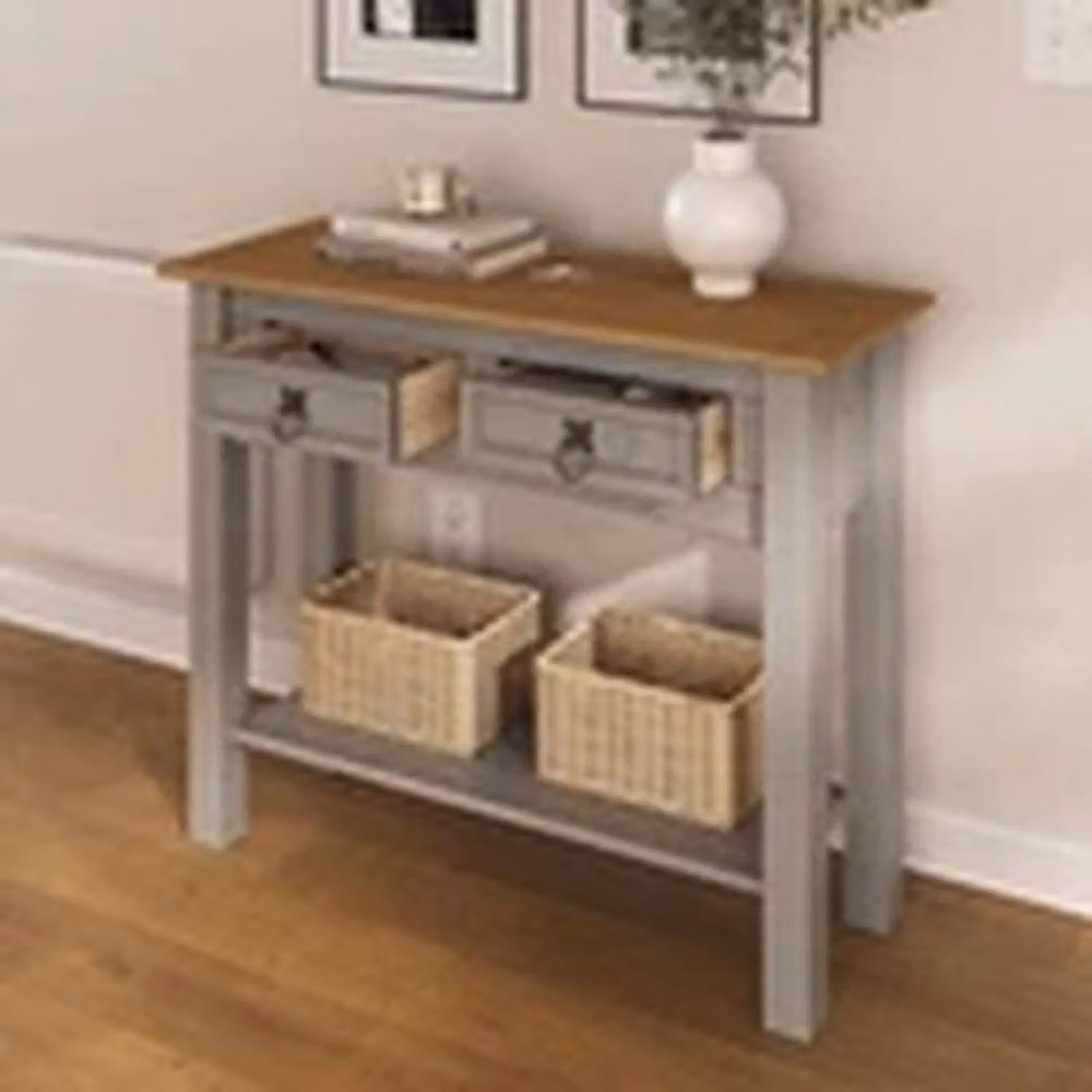 EONLION Grey Solid Mexican Pine 2 Drawer Console Table with Wax Finish – 1