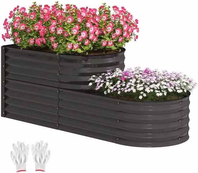 Kelvenix 2-Tier Galvanised Steel Raised Garden Bed with Safety Edging in Dark Grey
