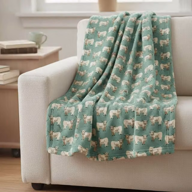 HomeSpace Direct Fluffy Green Highland Cow Animal Fleece Throw Blanket